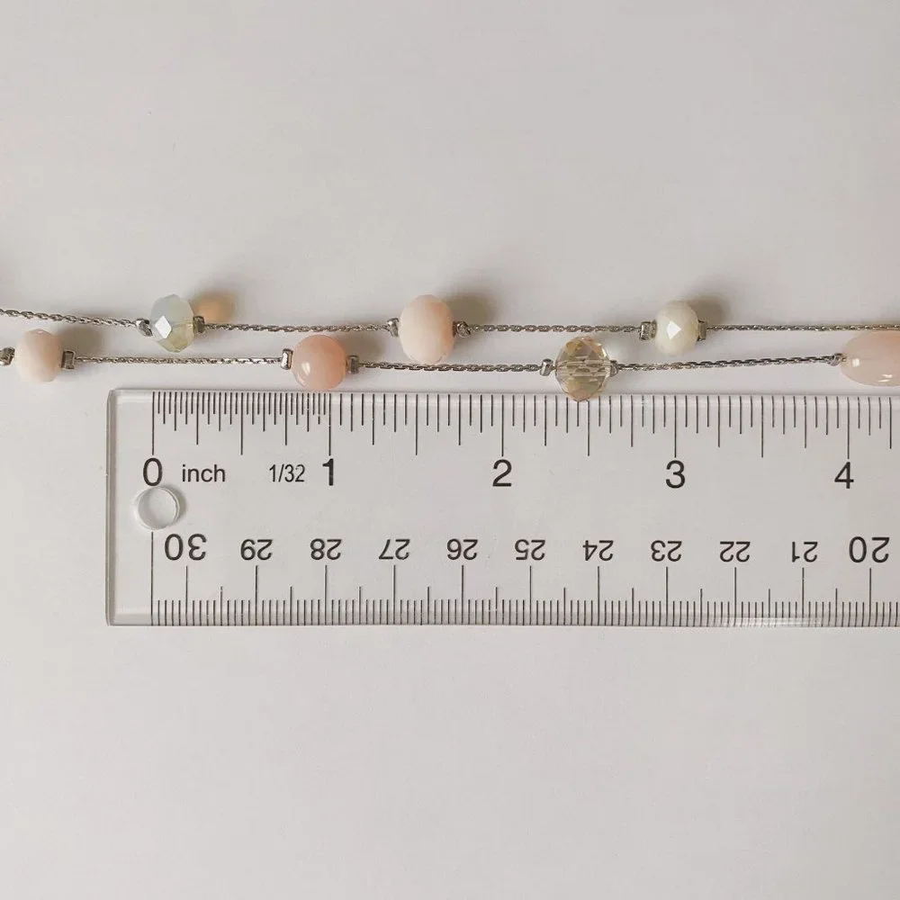 38" LOFT Pastel Pink Champagne Beaded Silver Chain Boho Double Strand Necklace - Picture 11 of 11